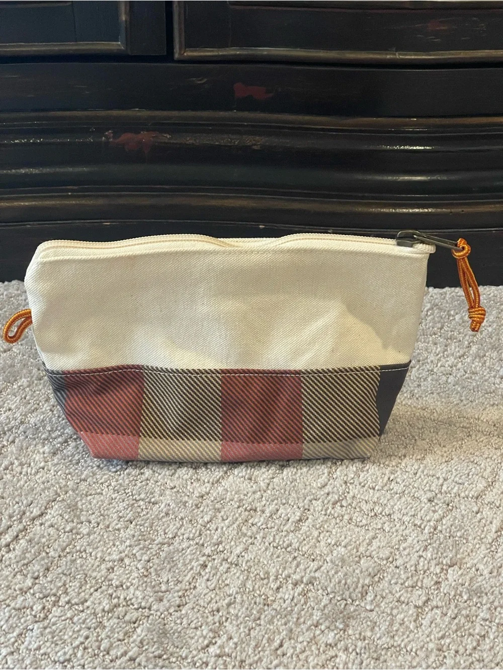 L.L. Bean Boat & Tote Canvas Travel Pouch - Cream & Red Plaid, 5”x10”